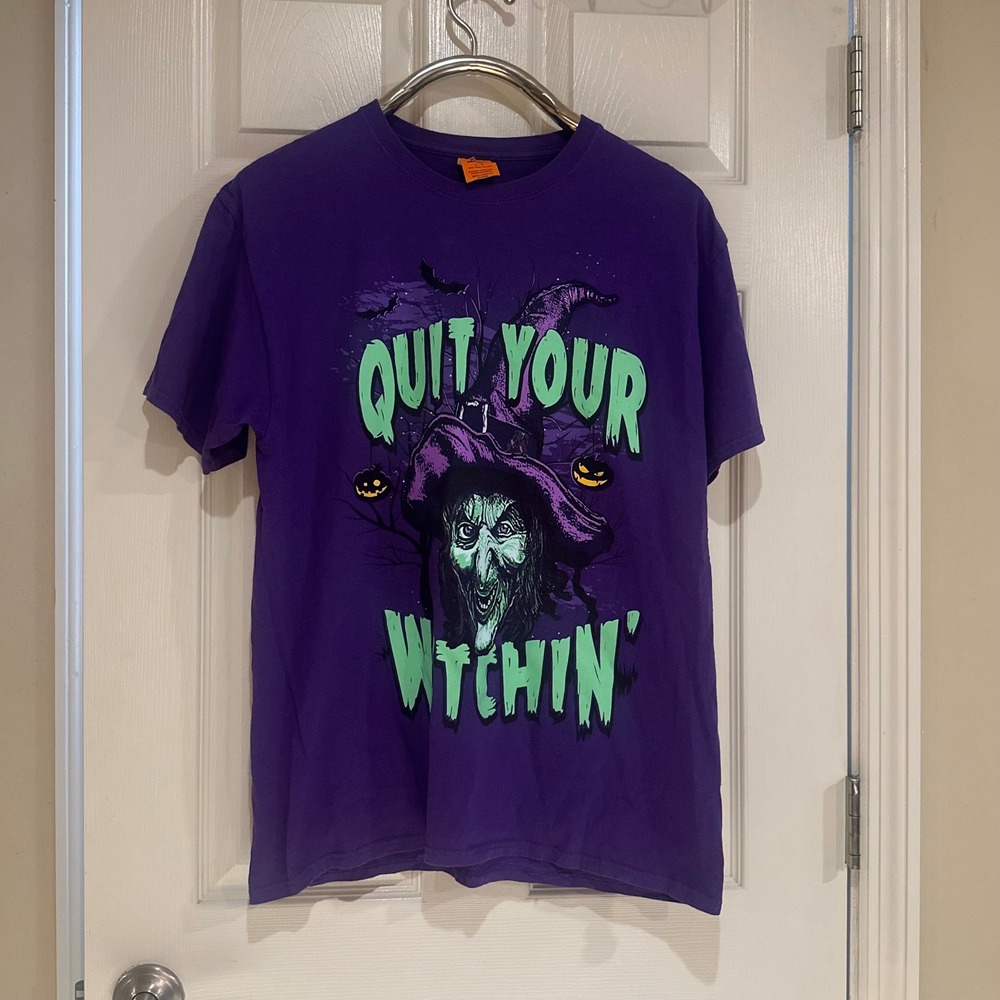 Happy Halloween Quit Your Witchin Purple Graphic T-Shirt Large Witch Pun Tee